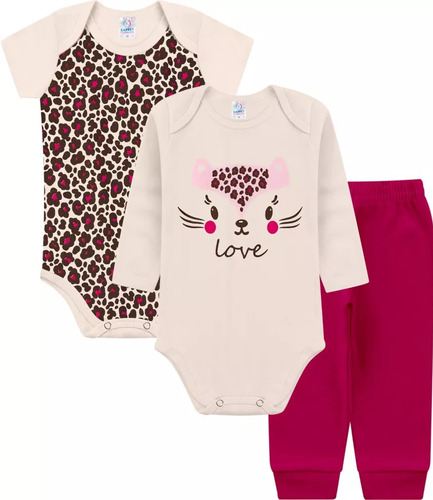 Kit Body De Bebe Menina - 3 Peças - Inverno Frio Algodão 