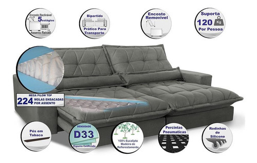 Sofá cama reclinable retráctil con bolsillo Inbox Soft 2.32 gris