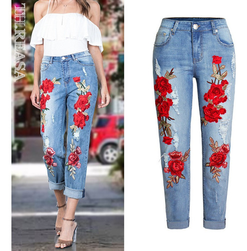 Jeans Rasgados Elásticos Femeninos Bordado Floral