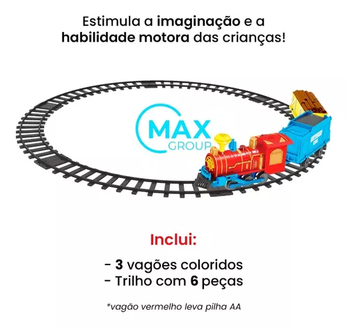 Trem Trenzinho Colorido Com Vagão Infantil Pilha Com Trilhos