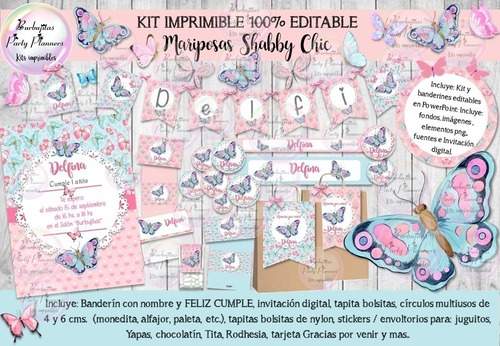 Kit Imprimible Candy Bar Mariposas Shabby Chic Editable 100%