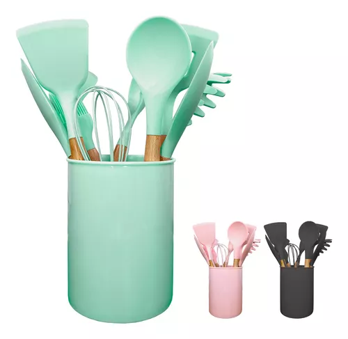 GENERICO Juego Utensilios de cocina silicona con madera 10 pcs Verde