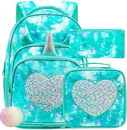 Bolso Escolar 3 Piezas Unicornio Con Lentejuelas Verde