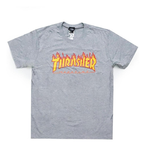Camiseta Thrasher  Flame Logo Cinza Mescla Original C/ Nf