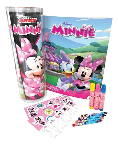 Livro Para Colorir Minnie Tubo Com Adesivo, Giz De Cera, Estêncil E Canetinhas - Dcl