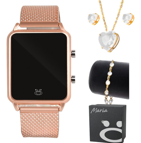 Relógio Feminino Digital Led Banhado 18k + Colar E Brincos Correia Rosê Bisel Rosê Fundo Preto