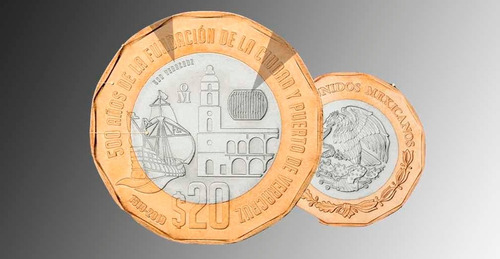 Moneda De 20 Pesos Conmemorativa De Los 500 Años De Veracruz Color Dorado