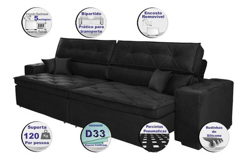 Sofá Austin 2,22m Retrátil, Reclinável com Molas no Assento e Almofadas, Suede Preto Cama inBox