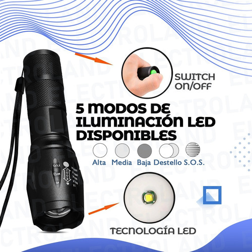 Imagen 4 de 10 de Linterna Táctica Militar Led Multiuso Caza Camping Carga Usb