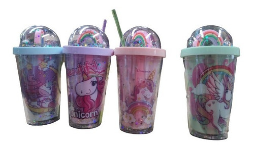 Lote 4 Vasos Unicornio  Doble Pared Luz Led Popote