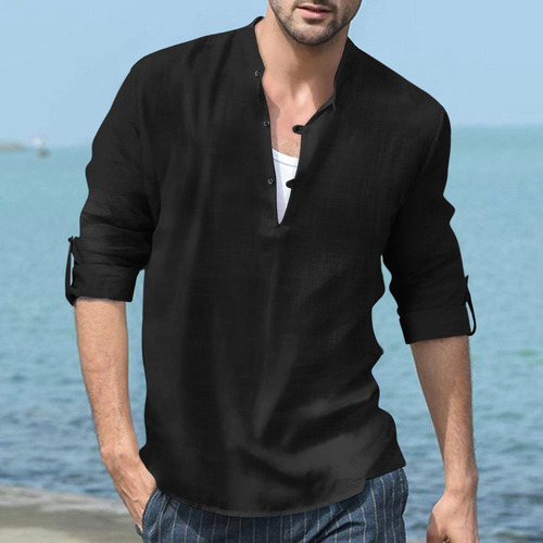 Camisa De Playa Casual De Manga Larga Y Cuello Alto Hombre