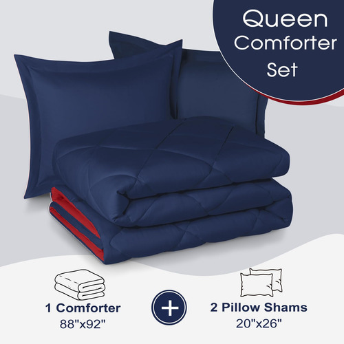 Set De Edredón Basic Beyond Queen Azul Marino Y Rojo Con 1 E