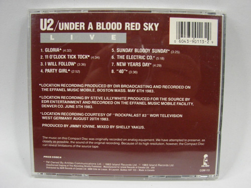 Cd U2 Live Under A Blood Red Sky Canadá Ed. Año 1992 (Usado)