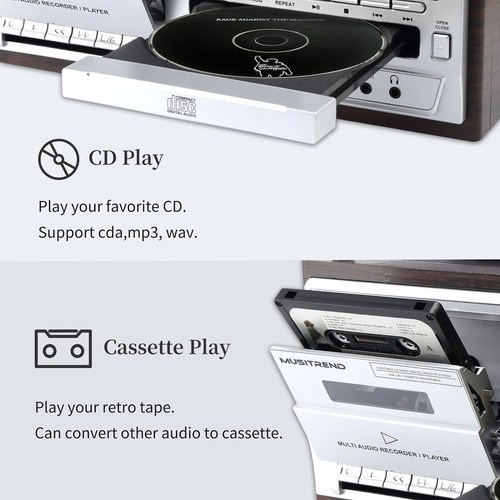 Tocadisco Musitrend 9 Em 1, 3 Velocidades, Bt, Usb, Marron