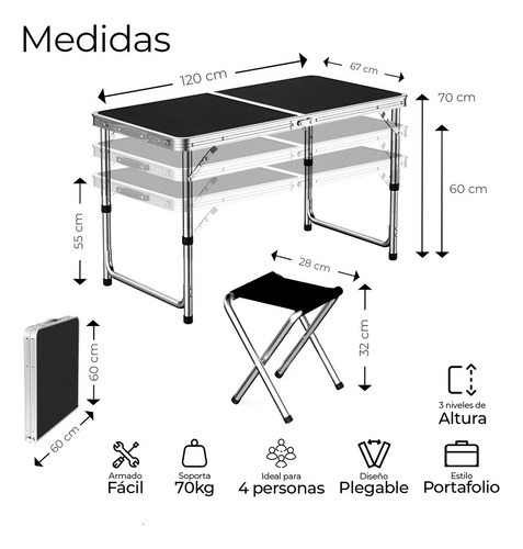 Mesa Plegable Para Camping Picnic Ajustable 1.20 Portátil 4 Sillas Color Negro