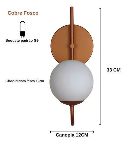 Arandela Luminária Quarto Globo 12 Cm Moderno Cobre Fosco
