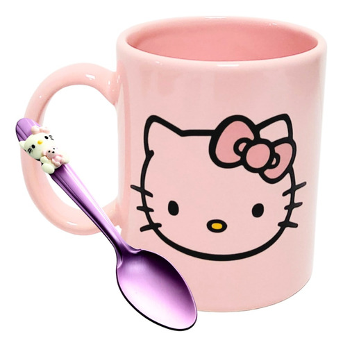 Taza Mug Hello Kitty Cerámica Rosada Con Cuchara 