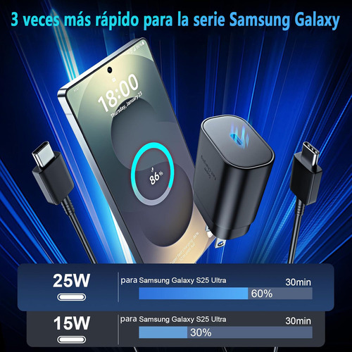 Cargador Para Samsung 25w Cargador Rapida Tipo C Compatible Con Samsung S25 S24 S23 S22 S21 A56 A55 A54 A36 A35 A16 A06 Note10 Note 20 Carga Rápida Pd 25w 2metros Negro 2 Piezas