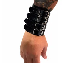 Comprar Bracelete Pulseira 4 Fivelas Couro Preto Rock Metal Unissex