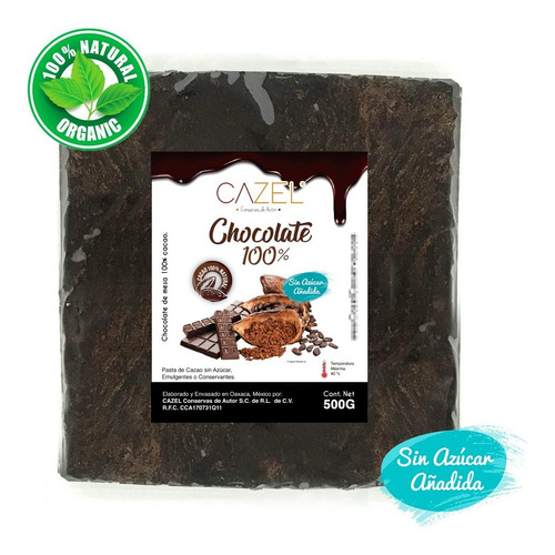 Imagen 1 de 3 de Chocolate 100% Cacao Amargo Oaxaca 500g En Tableta Natural