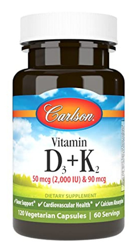 Suplemento Vitamina D Carlson - Vitamina D3 + K2, 50 Mcg (20