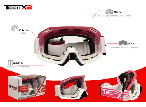 Goggle Techx2 Motociclista Rosa/blco Mica Transparente Cross