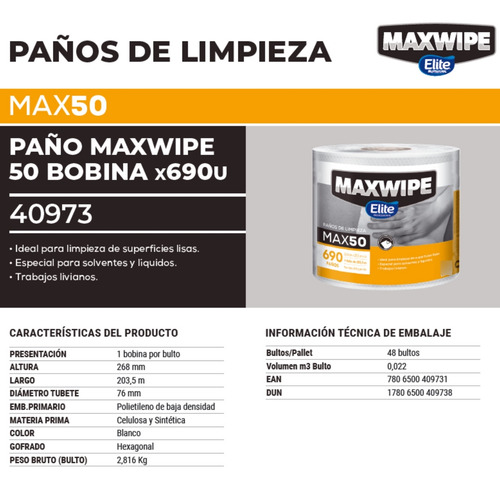 Paño De Limpieza Maxwipe Elite, Max50, 690 Paños