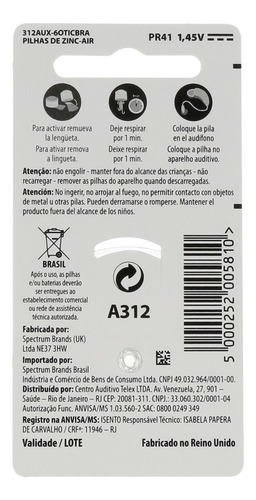 Kit 60 Baterias Pilha Aparelho Auditivo A312 Pr41 Oticon
