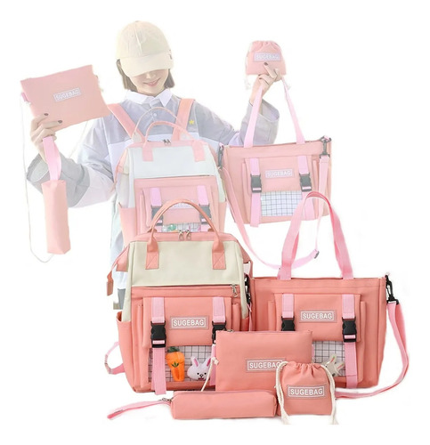 Set 5 Mochila Bolsas Escolar Estudiante Gran Capacidad Lona Rosa