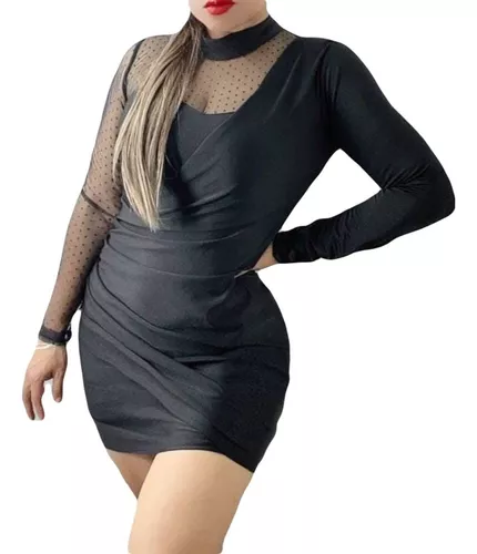 Vestido Negro Transparente Mangas Largas |