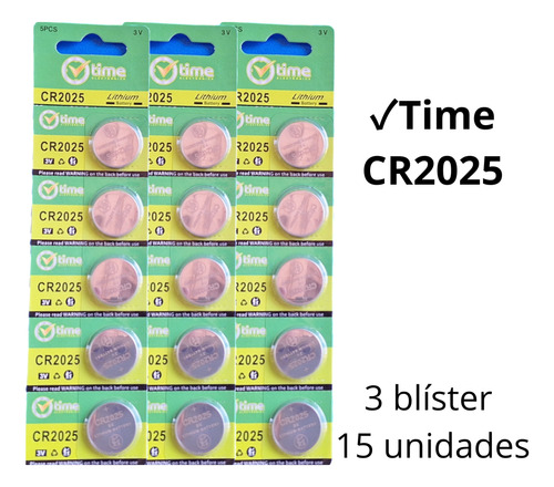 Pila Cr2025 Batería 2025 3v Marca Time 3 Blíster 15 Unidades