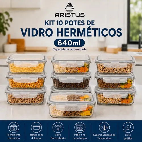 Kit 10 potes de vidro hermético 640ml Aristus para marmita com tampa 4 travas