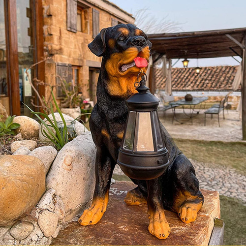 Estatua Perro Rottweiler Jardin Decoracion Solar Para Luz