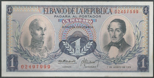 Colombia, 1 Peso 7 Ago 1973 Bgw078 7 Corto