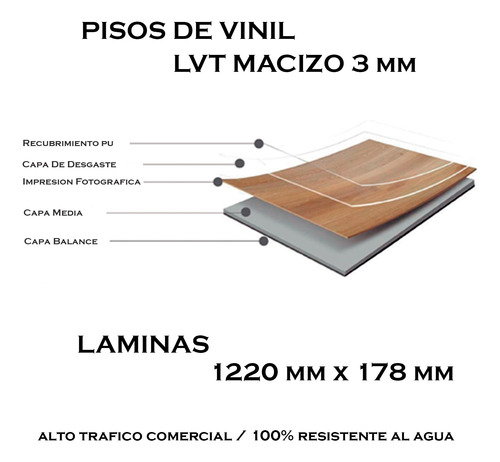 Piso Vinil Lvt Macizo Alto Trafico Comercial 3mm Hidrofugo