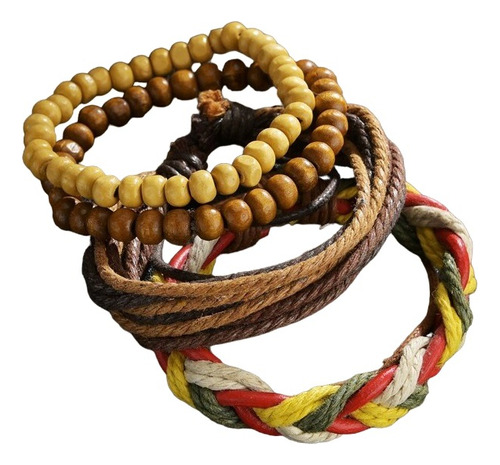 Set De 4 Pulseras Cordon Trenzado Y Madera Unisex Ajustables