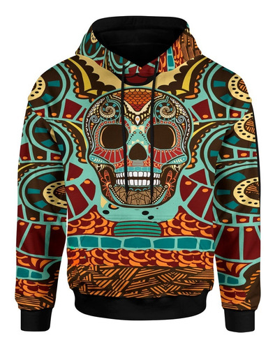 Sudadera Estampada Capucha Sublimada Unisex Calavera Tribal