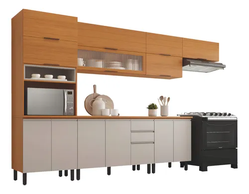 Armário de Cozinha Completa Itatiaia Com Balcão 14 Portas 2 Gavetas Nicho Para Micro Ondas Namur Cinamomo e Off White