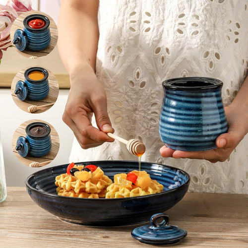 Juego De Tarros De Cerámica Con Tapa Y Recipiente De Madera