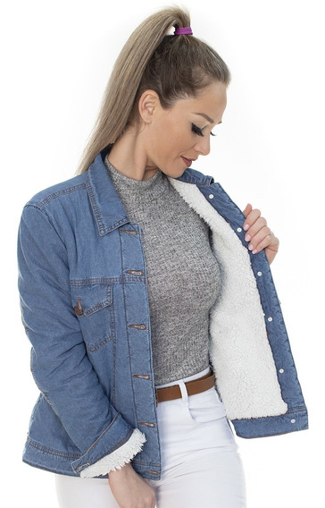 jaqueta jeans peluciada feminina