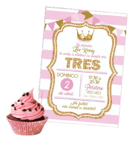 Invitación Imprimible Princesa Corona Dorado Pack Cumple