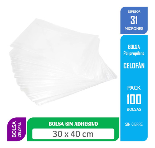 Bolsa Celofan Transparente Polipropileno 30x40 Cms 100 Unds