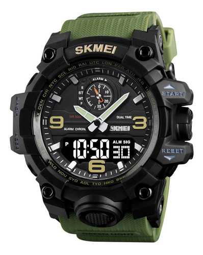 Reloj Hombre Skmei 1586 Analogico Digital Alarma Cronometro Color De La Malla Verde Militar Color Del Fondo Negro