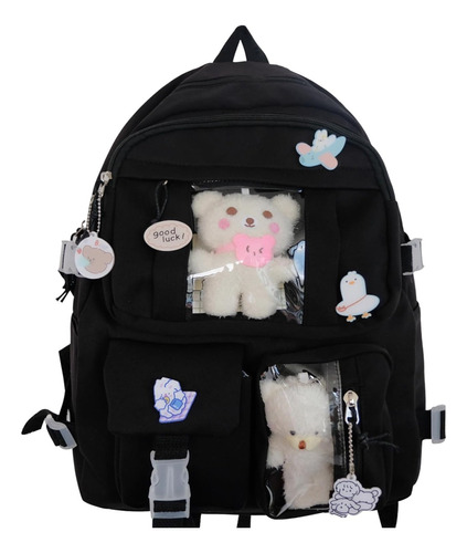 Mochila Kawaii Escolar Niñas Y Adolescentes C/pin Negro