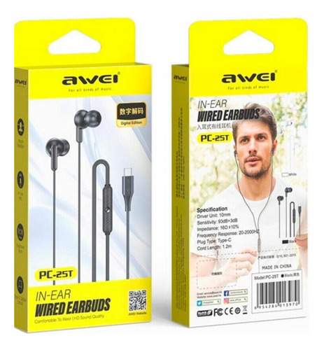 Audífonos Manos Libre Tipo C Awei Pc-25t Negro 1,2m