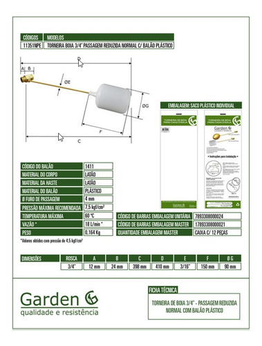 Torneira Boia Latão Garden 3/4 Com Balão Plástico Garden