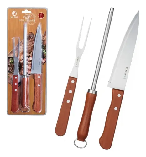 Kit Churrasco 3 Peças Faca Garfo Chaira Aço Inox Cabo De