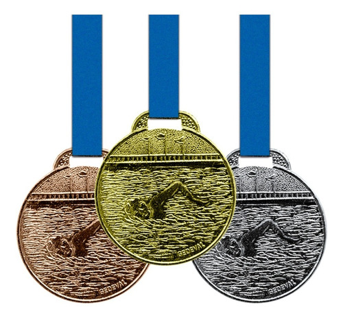 10 Medalhas 35mm Natação - Ouro Prata Bronze - Aço Com Fita
