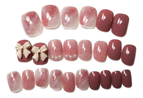 Uñas Postizas Cortas Pequeñas Moño Café Perlas Rosado Press