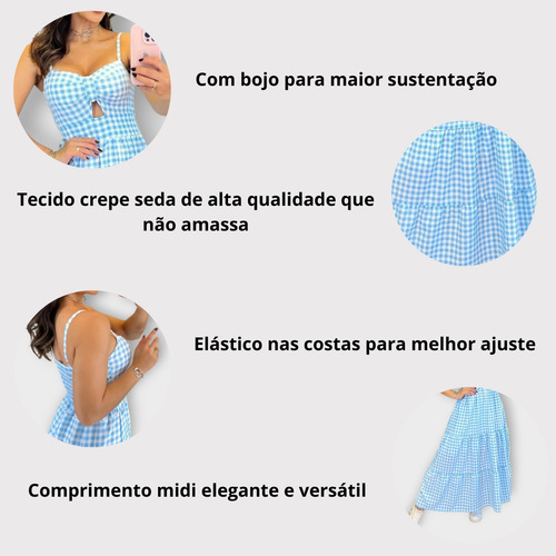 Vestido Feminino Midi Longuete Xadrez Com Lastex Alças Finas
